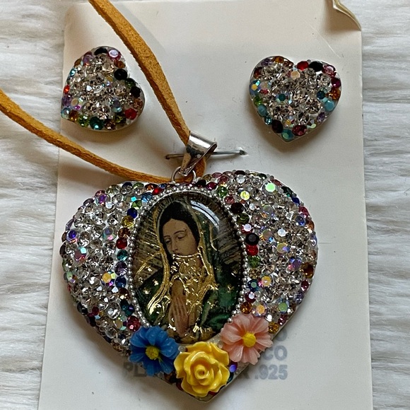 Our lady Guadalupe 925 sterling silver heart rhinestone pendant and earrings - Picture 15 of 17